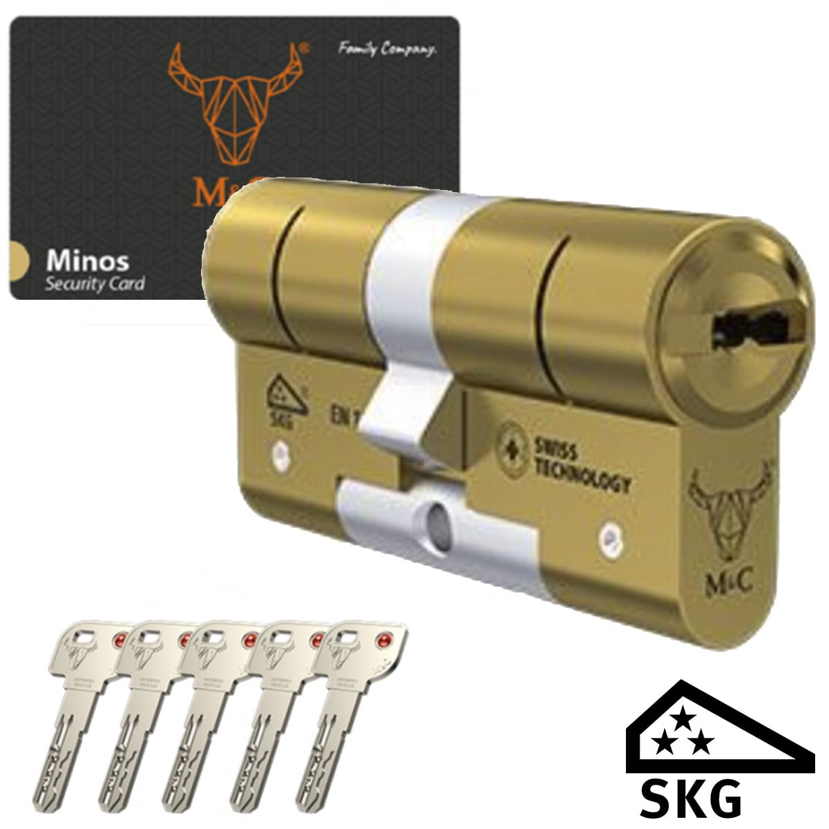 M&C Minos Bombín Cerradura Alta Seguridad Certificación Seguridad Máxima SKG 3 Estrellas 32x32mm Anti Bumping Resistente Taladro Tecnología Suiza Color Dorado 5 Llaves Incluidas, Pequeña
