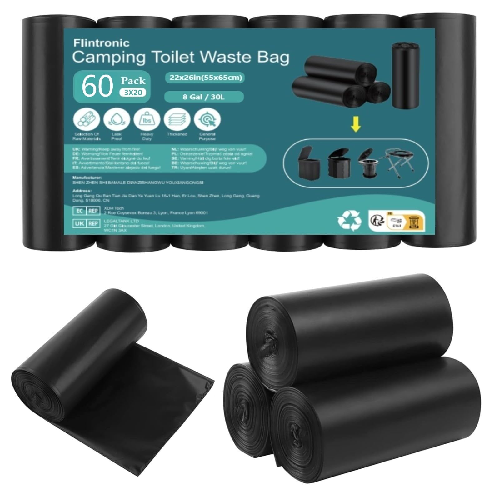 Flintronic Camping Toilet Bags, 60 PCS (3 Roll) Portable Toilet Bags, Thickened Toilet Waste Bags, Camp Potty Liner Bag for Camping, Hiking, Travel, Kitchen, Home-image-19