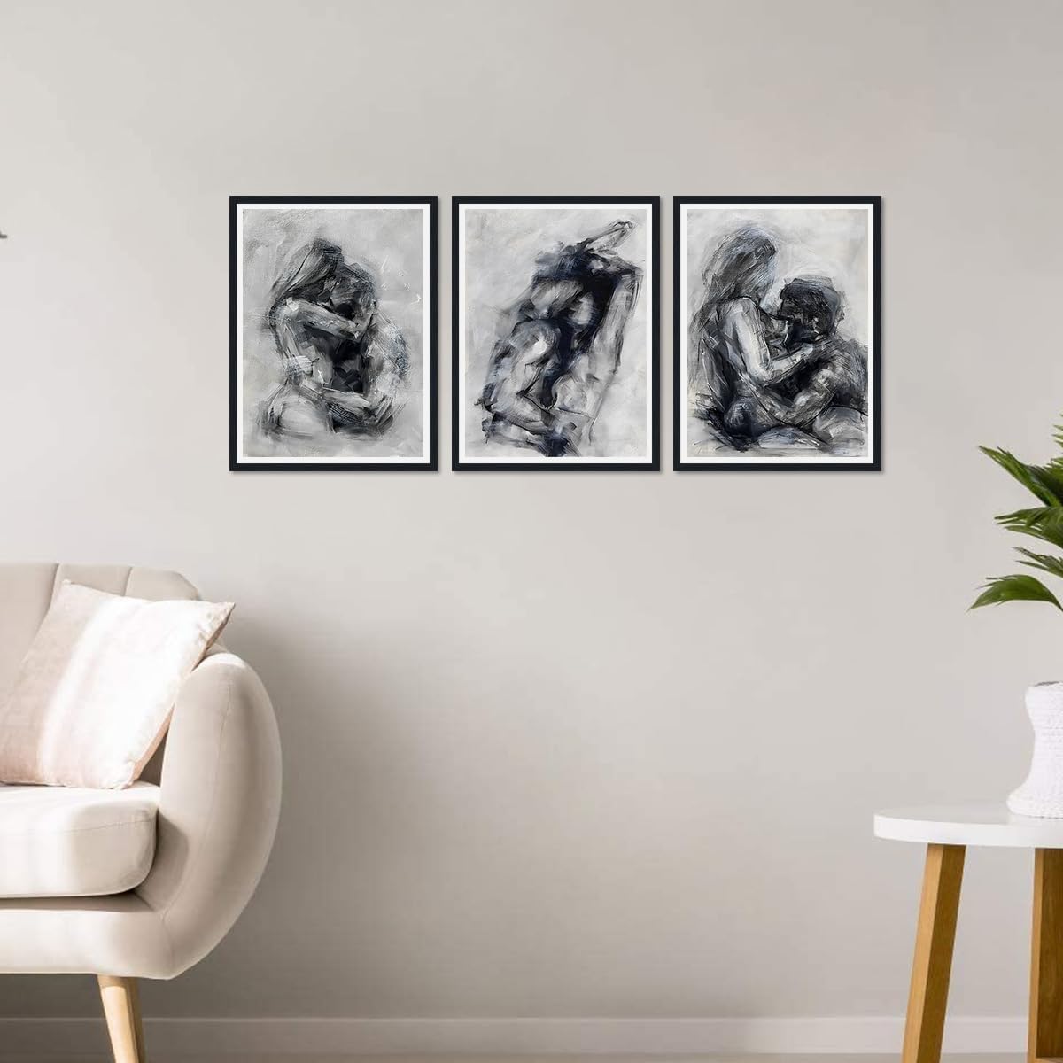 Abstract Couple Emotion Triptych Canvas Wall Art Sexy Man Woman Nude Intimate Posters Wall Decor Black & White Lovers Prints Artwork for Bedroom Bathroom Hotel Bar Framed Ready to Hand 12x16inchx3pcs