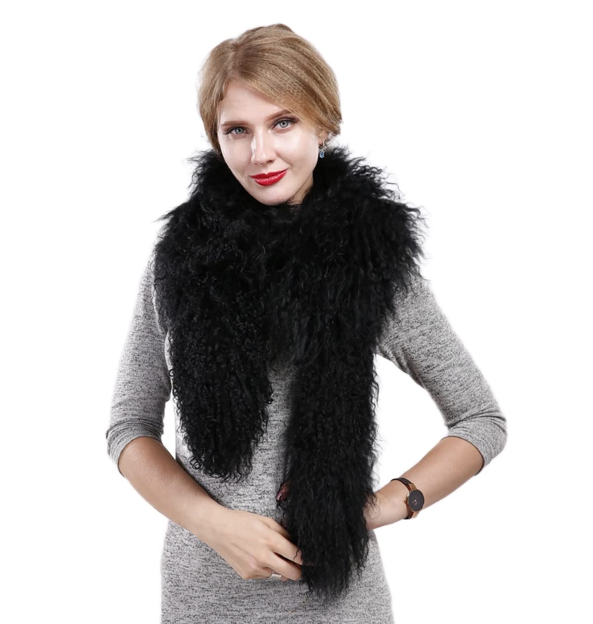 Bufanda larga de cordero mongol para mujer, abrigo para el cuello, otoño, invierno, cuello rizado, fiesta al aire libre, 180 x 20 cm, Negro
