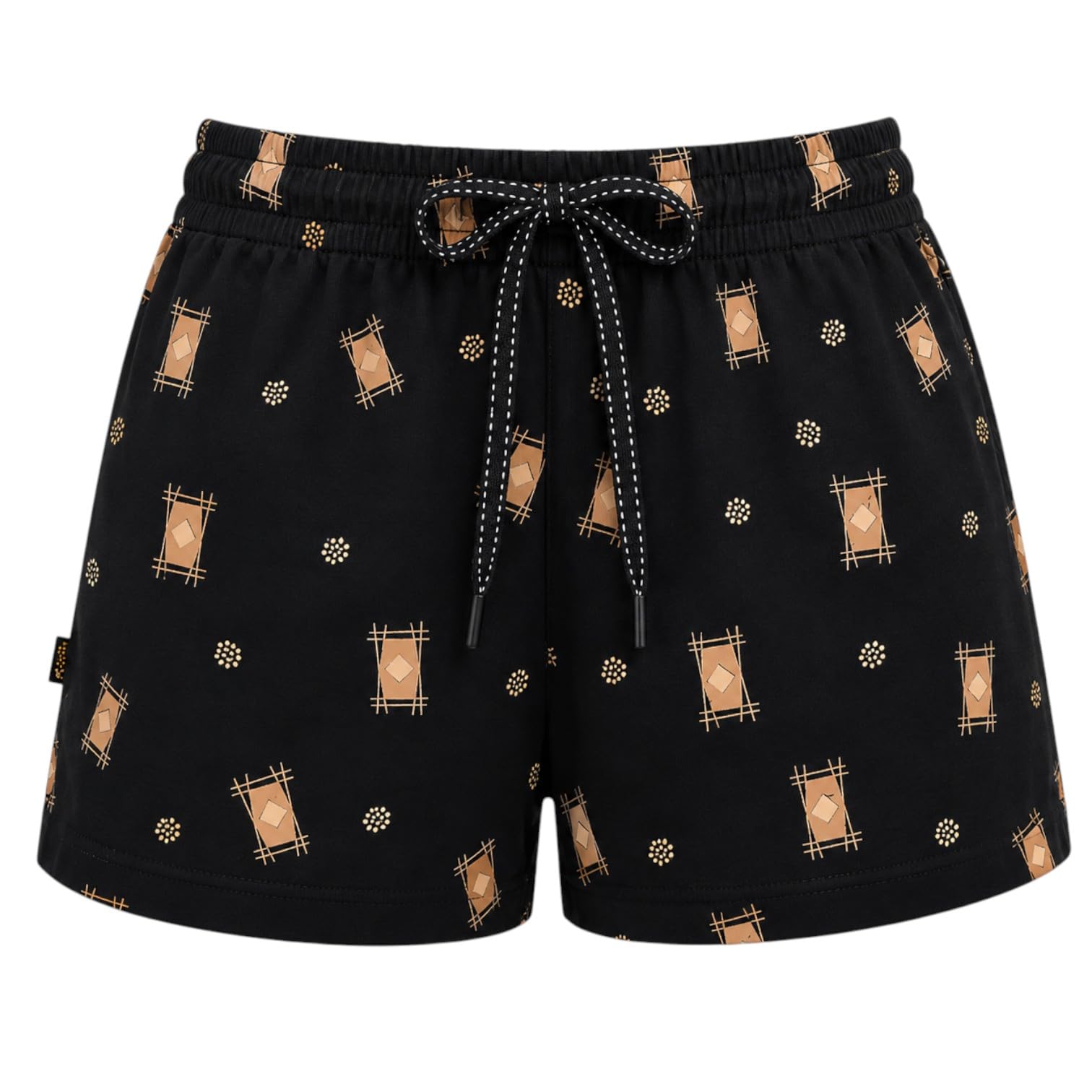 Women's 100% Cotton Printed Lounge Shorts with Drawstring Black geometry-picture-37