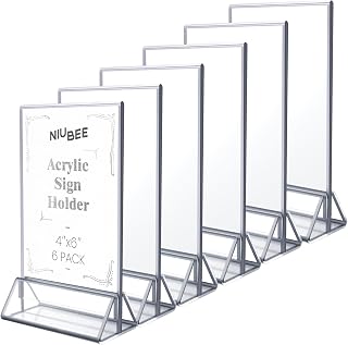 NIUBEE 6Pack 4x6 Clear Acrylic Sign Holder with Sliver Borders and Vertical Stand, Double Sided Table Menu Holders Picture Frames for Wedding Table Numbers, Restaurant Signs, Photos and Art Display