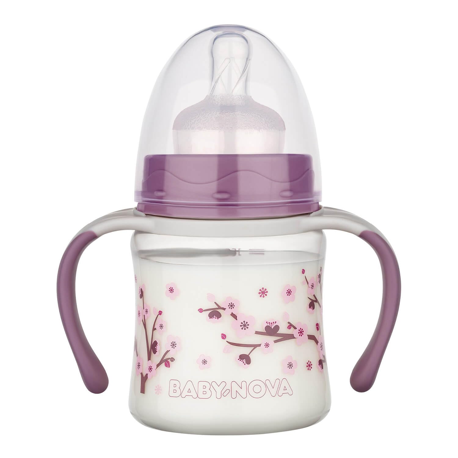 babynova 150 ml Babyflasche mit Anti-Kolik Sauger aus Silikon für Neugeborene – Trinklernflasche mit Griffen – BPA-frei – Kirschblüte