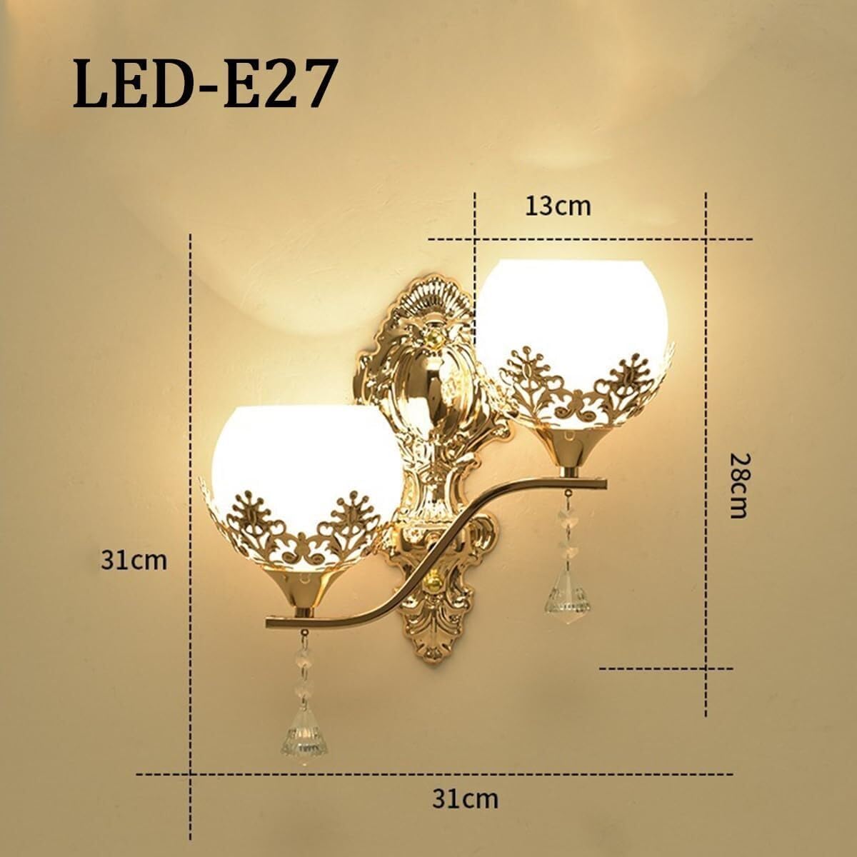 Modern Gold Bedside Double Lights Wall Lamp European White Glass Shade Wall Sconces Indoor Living Room Decoration Wall Light Vintage Fixtures for Bedroom Vanity Dining Room Hotel