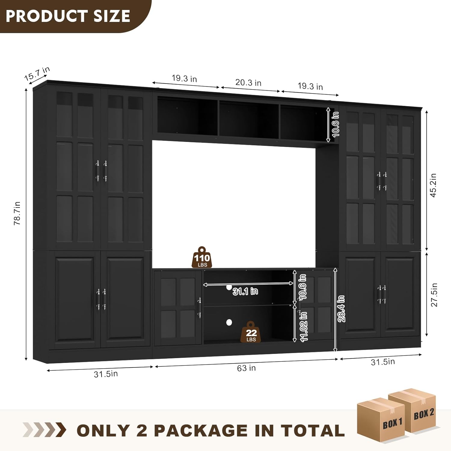 MEISSALIVVE 4-Piece Wall Unit TV Stand with Storage & LED Lights for TVs up to 70", Modern Entertainment Center with Bookshelves & 4-Door Pantry Cabinet, Black