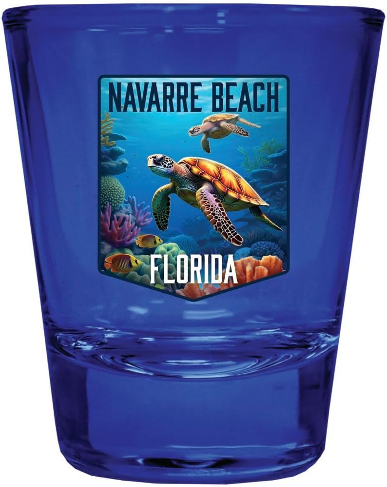 Pack de 4 Vasos Tequileros Navarre Beach Florida Diseño Tortuga Submarina Azul 2 oz