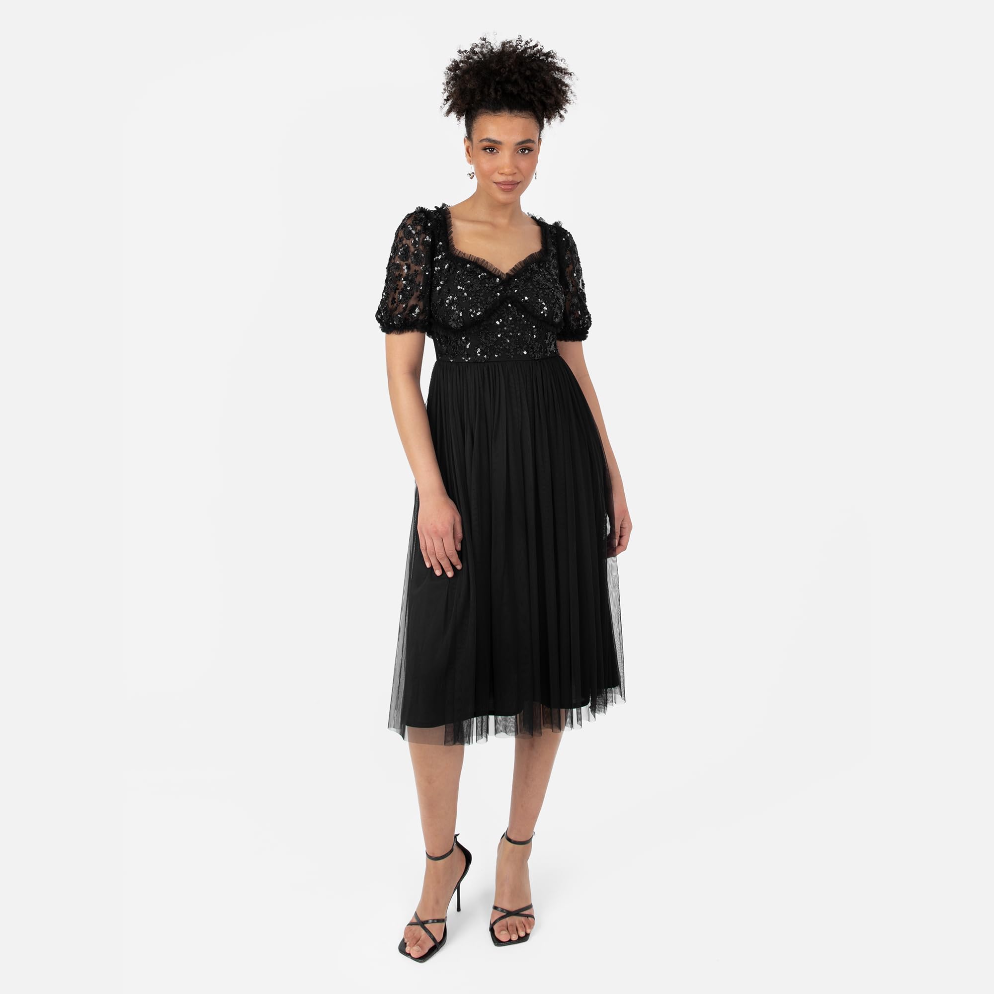 Maya Deluxe Women's Ladies Midi sukienka krótkie rękawy Sweetheart Neckline 3D Floral Embellished Ruffle Tiul A-line Occasion czarna 38, czarny, 38