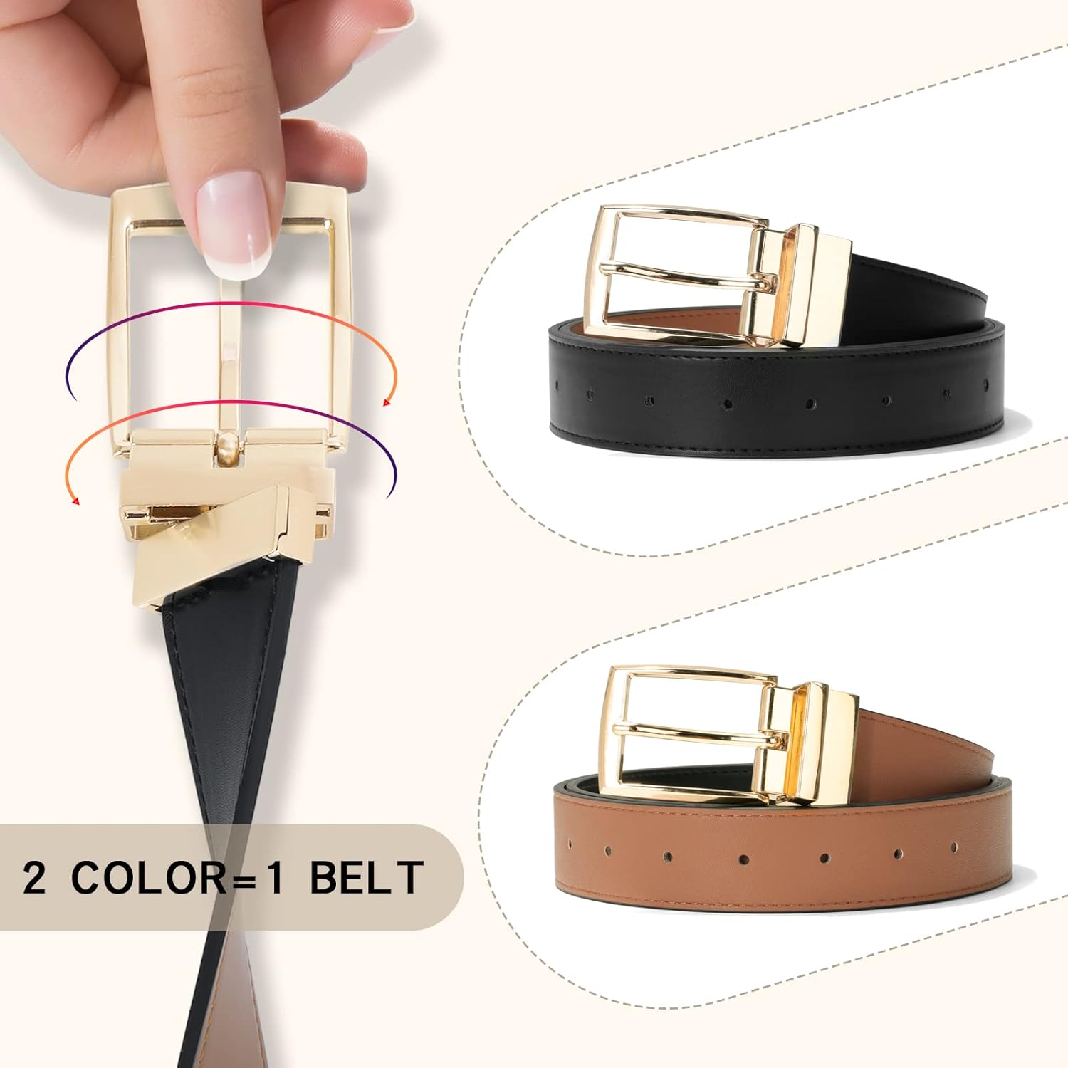 VONMELLI Reversible Belt for Women Leather Belts for Jeans Pants Fashion Ladies Dress Belt Trim to Fit - Image 2