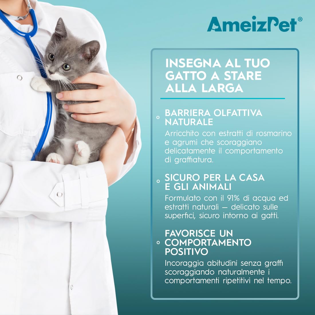 AmeizPet Spray Disabituante per Gatti, Repellente per Gatti, Smetti di Graffiare Mobili, Tappeti, Tende e Piante, Soluzione Sicura ed Efficace, Uso Interno & Esterno, 50 ml (1,69 FL oz)