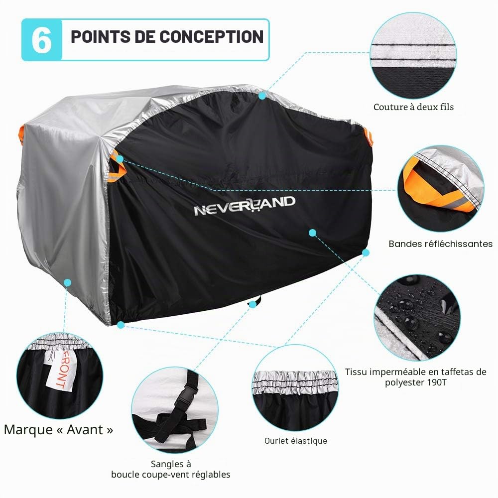 NEVERLAND Housse Quad Imperméable Exterieur Bache Quad Double Face Disponible avec Bandes Réfléchissantes Imperméable Coupe-Vent Anti-UV Noir Argent 256 * 110 * 120cm | Bâche Quad Deux Faces Disponibles Contre la Neige Pluie UV Poussière Extérieur