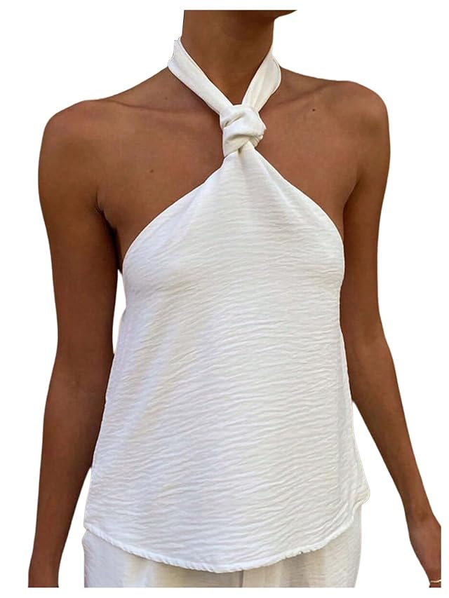 MakeMeChic Womens Halter Tops Criss Cross Backless Cute Going Out Tops Sleeveless Tie Casual Textured Shirt