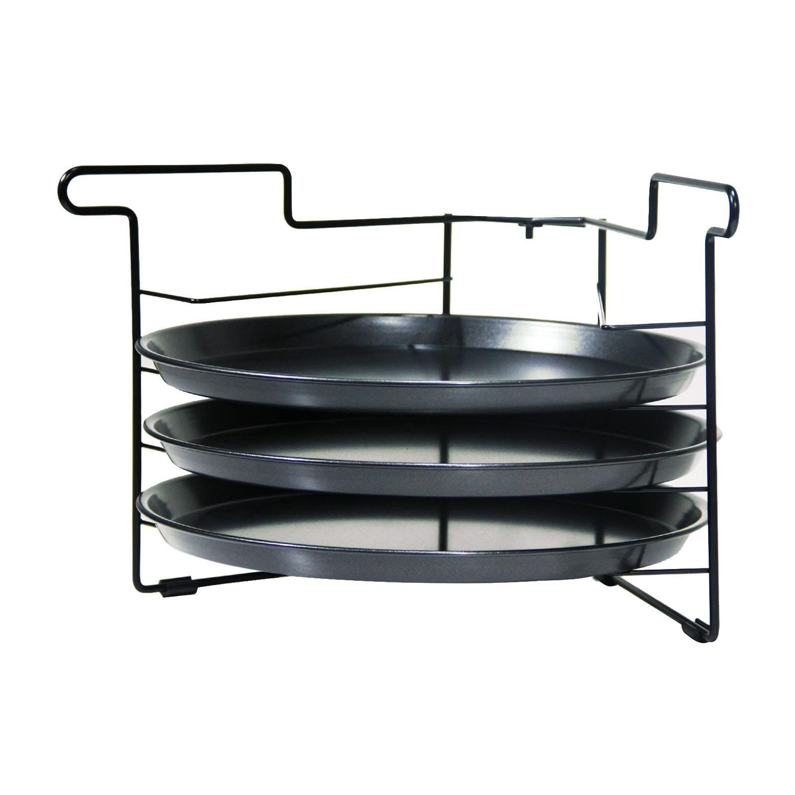 Pizza Rack Présentoir Multifonction pour Pizza avec Plateau de Cuisson Empilable Grille Perforée Stable en Fer Support pour Pains Tartes et Gâteaux Ad, with 3pcs 11 Po Pan