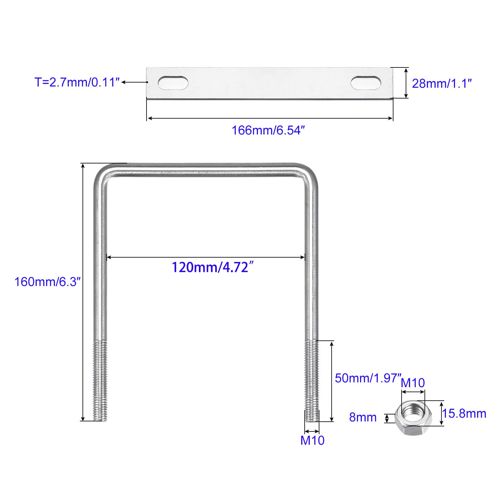 MACHSWON Square U-Bolt,1 Set 304 Stainless Steel M10 U Bolts 120mm(4.8") Inner Width 160mm Length with Nuts and Frame Plate for Automobiles Boat Trailer - Image 2
