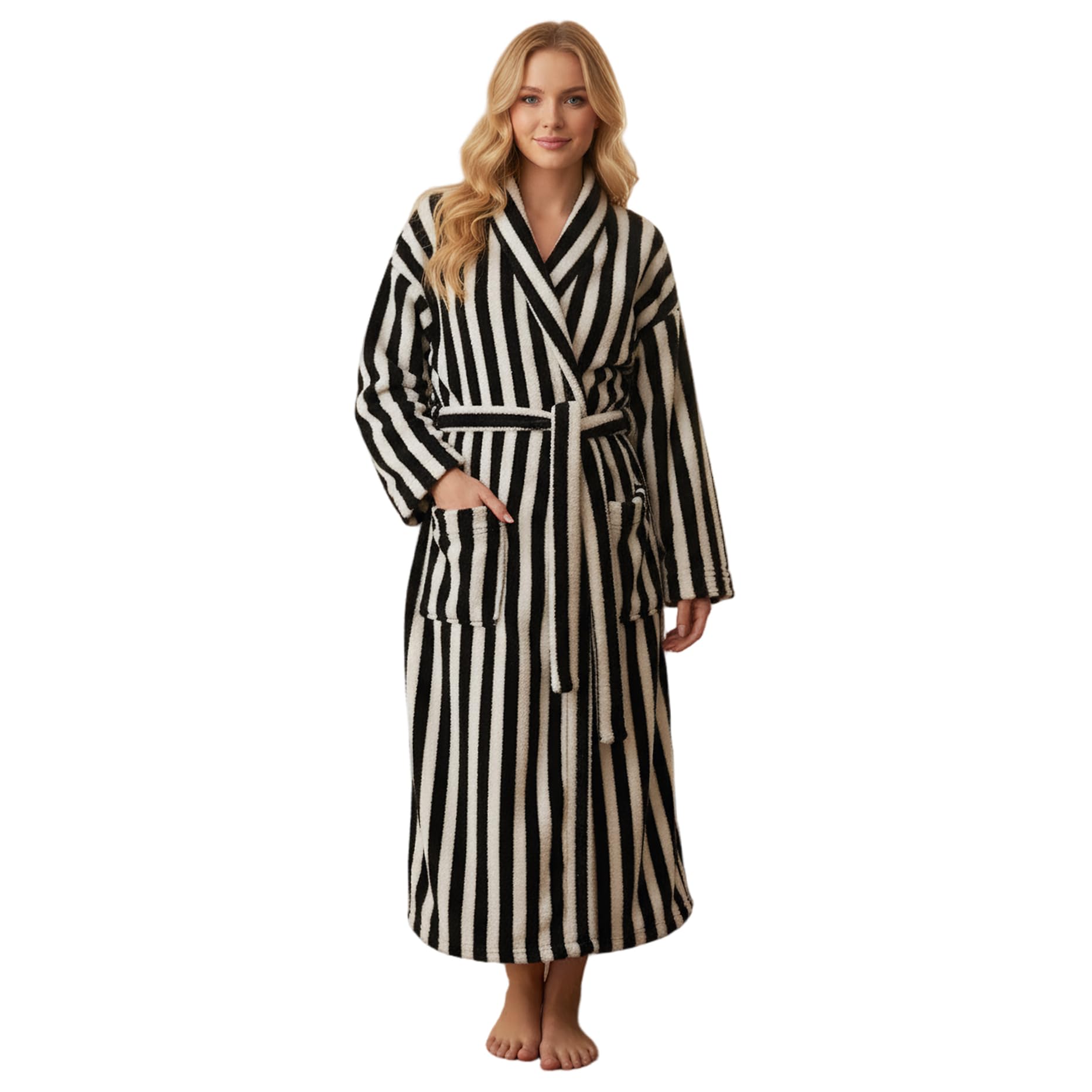 Uanqfegy Striped Coral Fleece Bathrobe for Women, Warm Cozy Oversized Fuzzy Robe with Pockets, Long Fluffy Lounge Wear