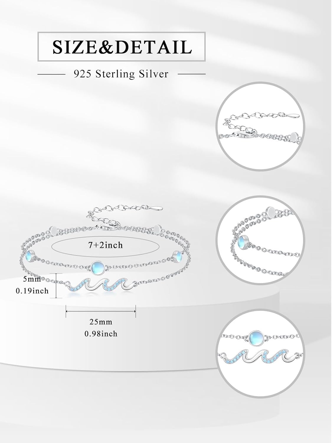Wave/Sea Turtles/Dolphin Bracelet/Anklet 925 Sterling Silver Adjustable Moonstone Bracelet/Anklet Summer Ocean Jewelry Gifts for Women