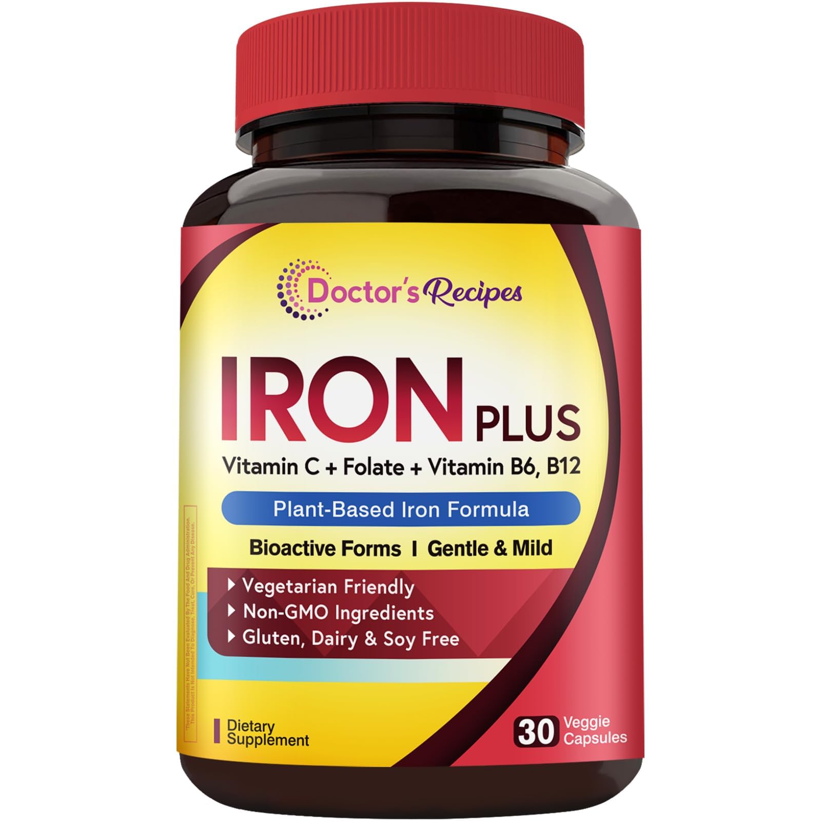 Doctor's Recipes Iron Supplement for Women Men - Gentle Iron Bisglycinate with Vitamin C, B6, Folate & B12, Iron Pills, 30 Vegan Caps