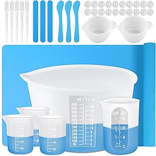 Silicone Resin Measuring Cups Tool Kit-Easy Clean Reusable 600ml, 250ml&100ml Silicone Cups,Transfer Pipettes,Silicone Mat,Stir Stick&Spoon,Finger Cots for Jewelry & Molds Making，Epoxy Resin Mixing