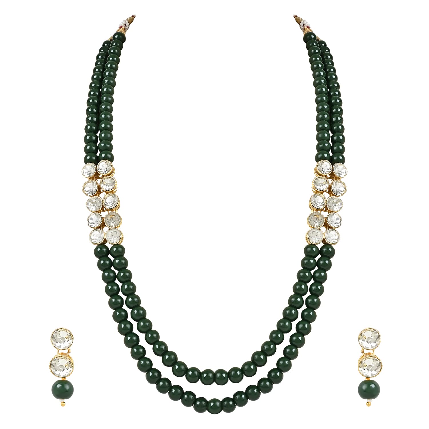 18K Gold Plated Traditional Stunning White Stone Studded Layered Pearl Necklace Jewellery Set with Earrings For Women and Girls-image-5