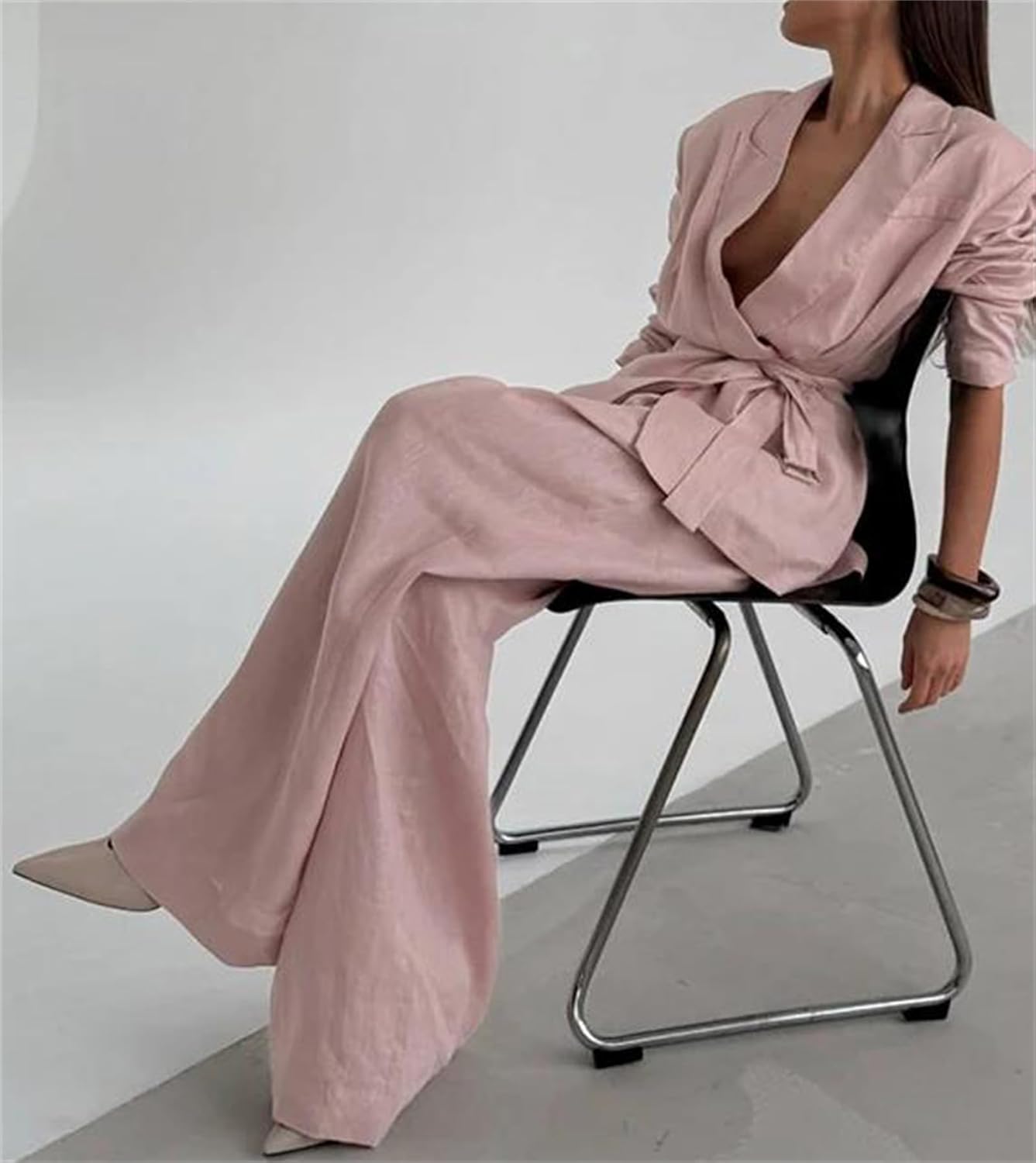 Women’S Office Plunging Neckline Tops Suit Solid Cotton Pants Outfits Pockets Lace Up Loose Long Sleeve Lounge Sets