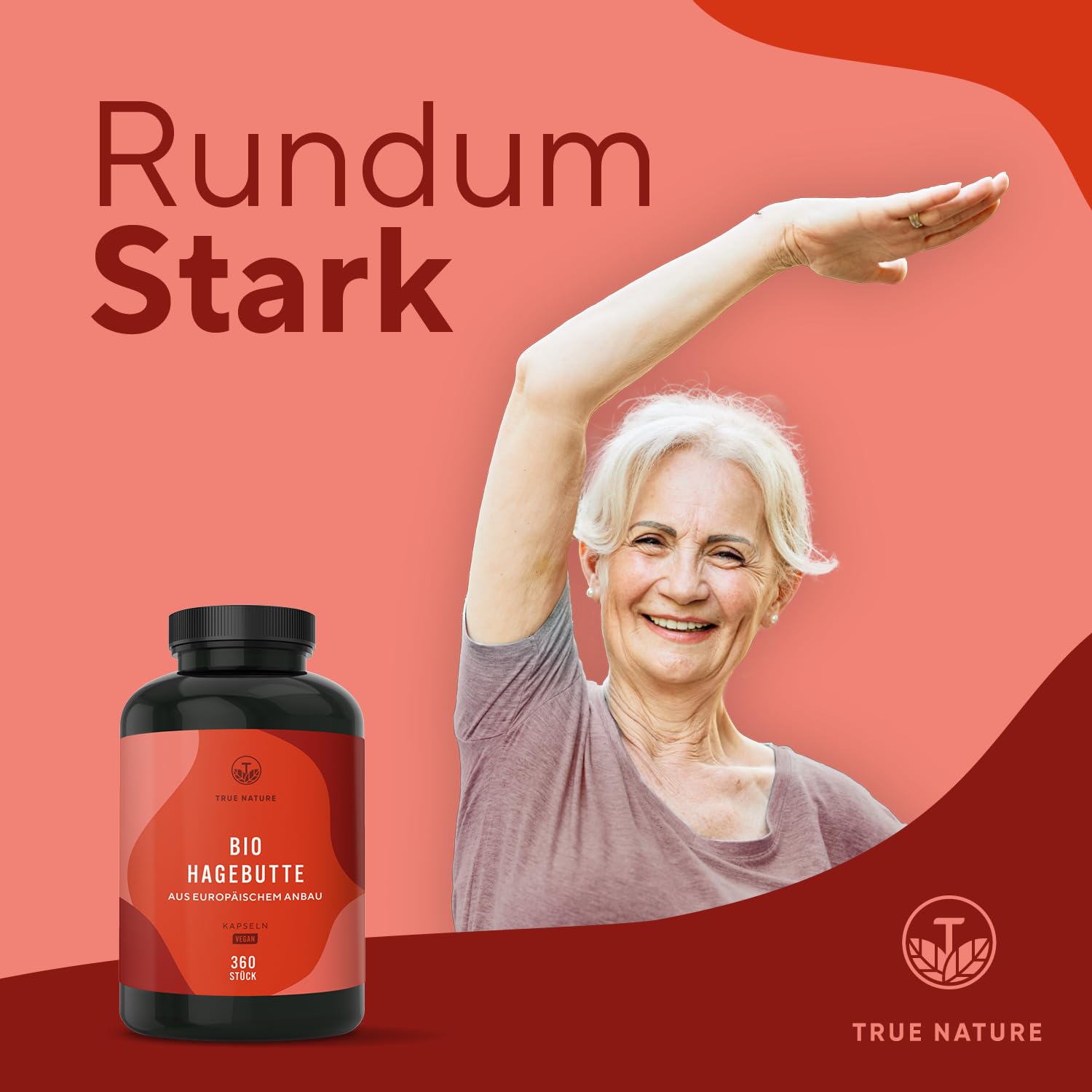 Bio Hagebutten Kapseln hochdosiert – EU Anbau – 3900 mg Hagebuttenpulver – 360 Kapseln – reine getrocknete Hagebutte – ballaststoffreich, vegan & laborgeprüft – TRUE NATURE®