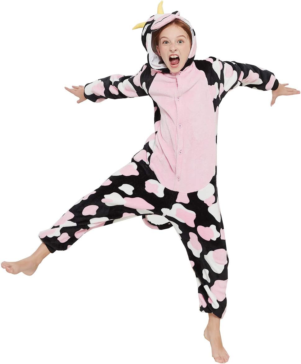 Cow Onesie Kids Animal Costume Girls Pajamas One Piece Cosplay Halloween Christmas Plush Sleepwear