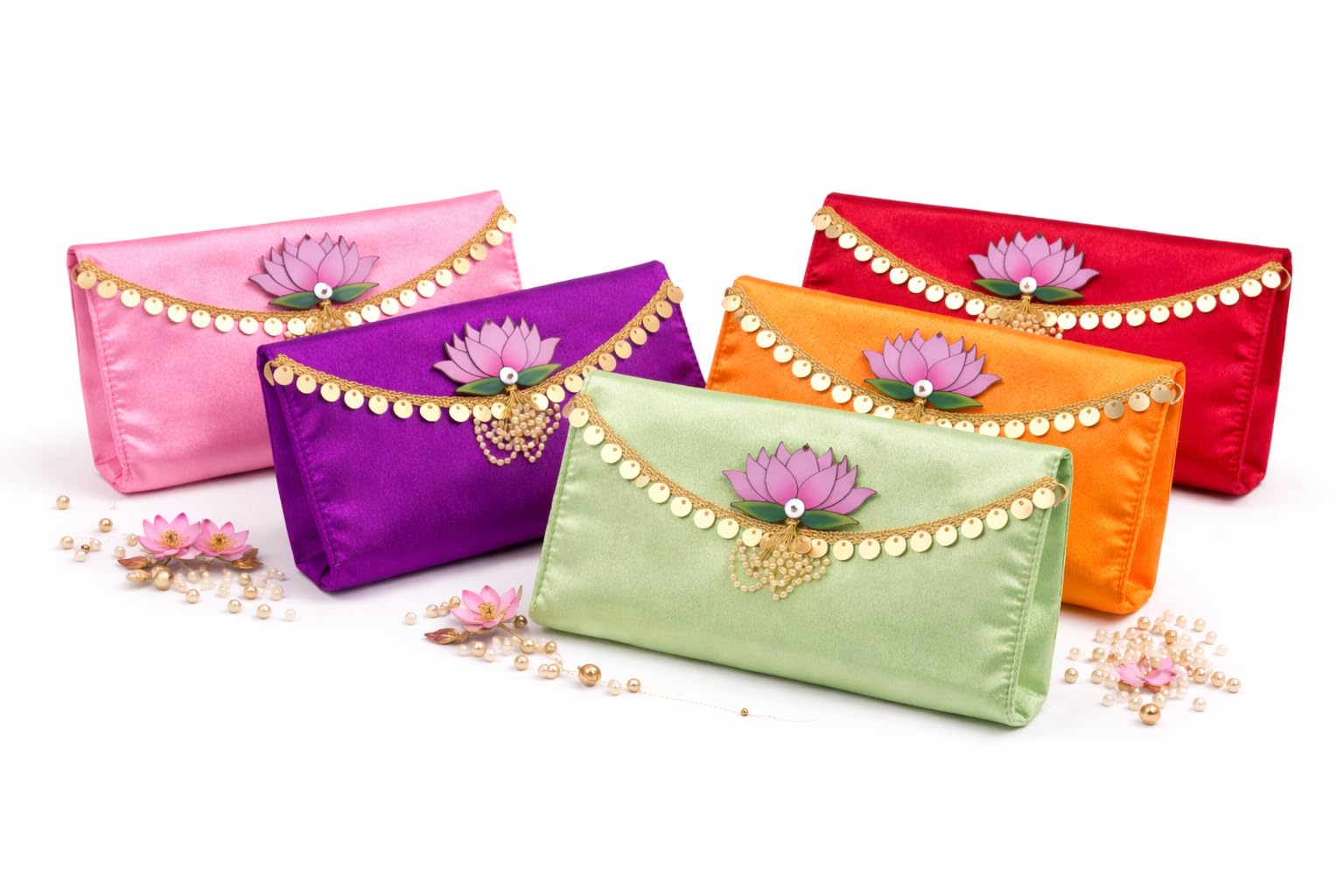 Jaipur Ace Luxury Lotus Designer Satin Clutch Combo (Pack of 5) – Festive Envelope Style Hand Purses with Golden Coin Lace & Pearl Tassel, Wedding Party & Return Gift Collection (pack of 5)-image-3