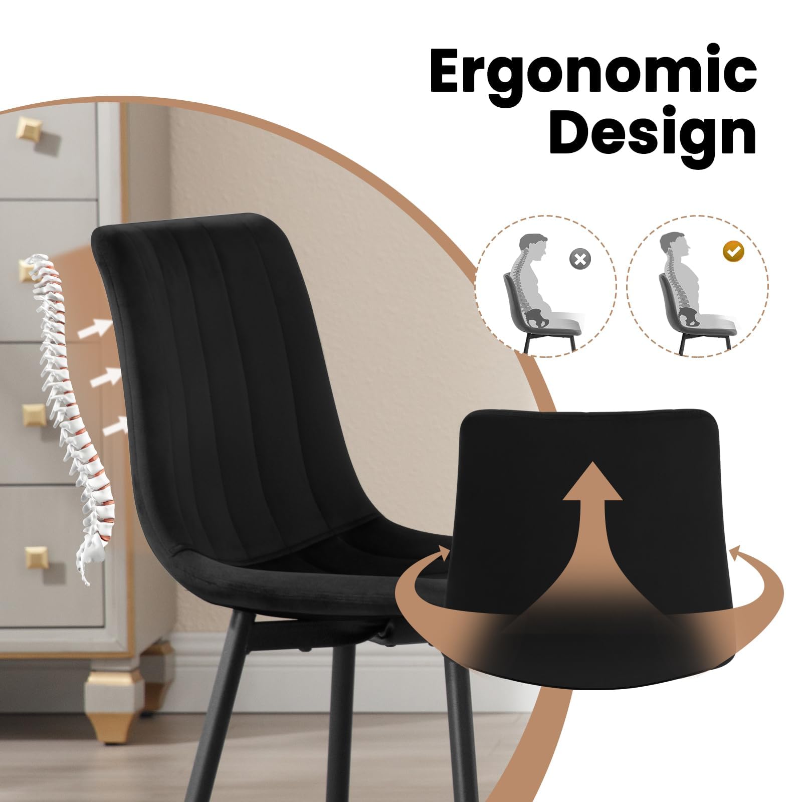 Chaises de Salle à Manger,Velours,Noir | Chaise Rembourrée avec Dossier, Pieds en Métal, sans Accoudoir, pour Salle à Manger, Salon et Chambre