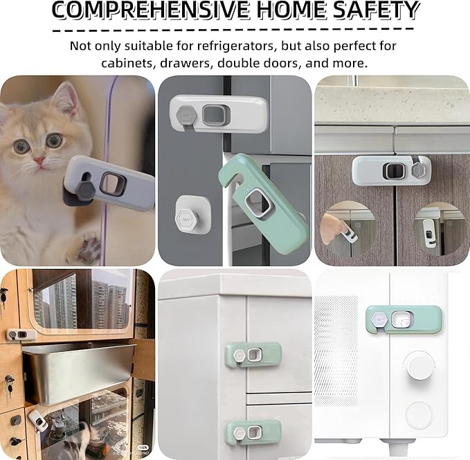 Image of 10 Pack Child Proof Refrigerator Lock, Fridge, Cabinets, Freezer Door Lock Apply to Max 1 inch(25mm) Sealing Strip for Toddlers and Kids, No Tools Need or Drill - Grey (Green, 10)
