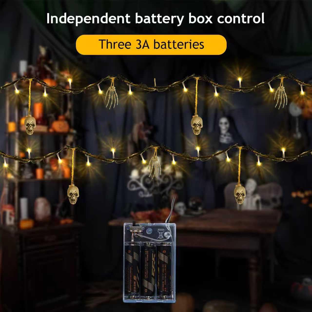 Luci decorative per Halloween per interni ed esterni, 1,8 m, 26 LED, a forma di osso, a batteria, spaventose ghirlande di Halloween, patio, decorazione per feste