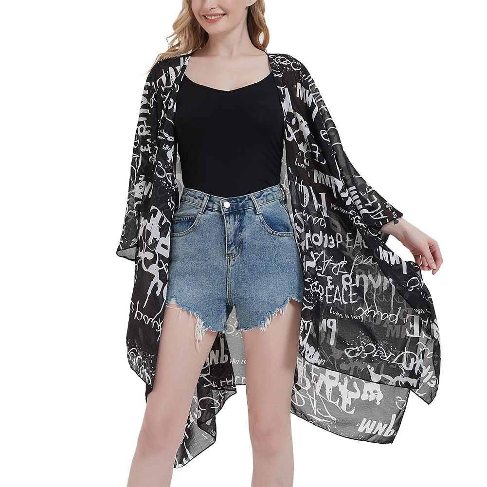 CuteSwan Cárdigan tipo kimono de gasa con estampado floral para mujer, holgado, casual, largo, bohemio, traslúcido