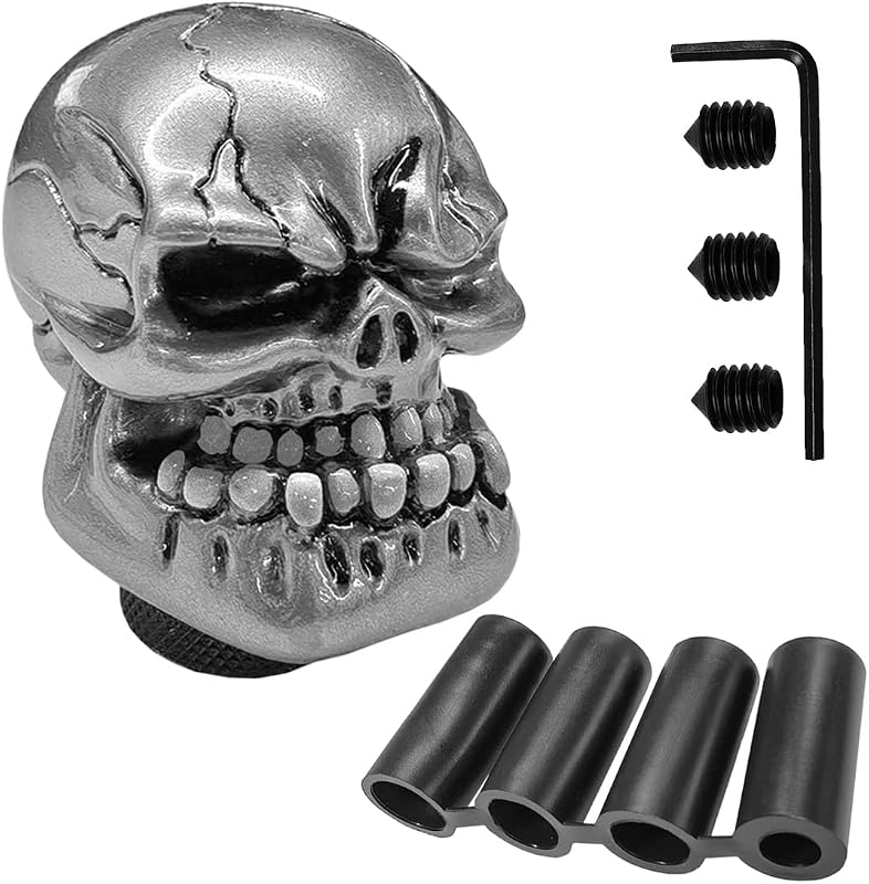 Manopla de Câmbio Caveira com Dentes Grandes em Resina Prata UHANBUT com 4 Adaptadores