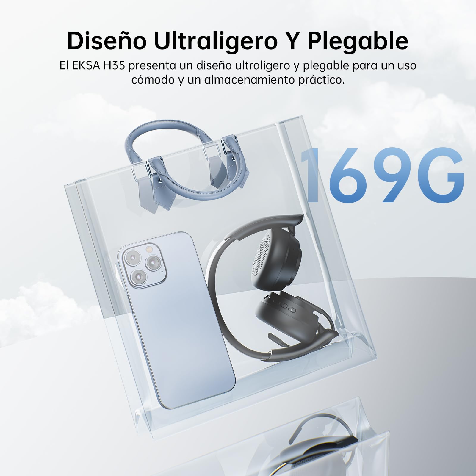 EKSA H35 Auriculares Bluetooth, Cascos Inalámbricos con Micrófono, [25H Batería y 169 g ], Auriculares con Cancelación de Ruido ENC AI, Wireless Headset PC, para Teletrabajo/Cell Center/Oficina