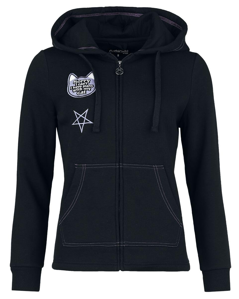 Gothicana by EMP Damen Schwarze Kapuzenjacke mit aufgenähtem Katzenpatch