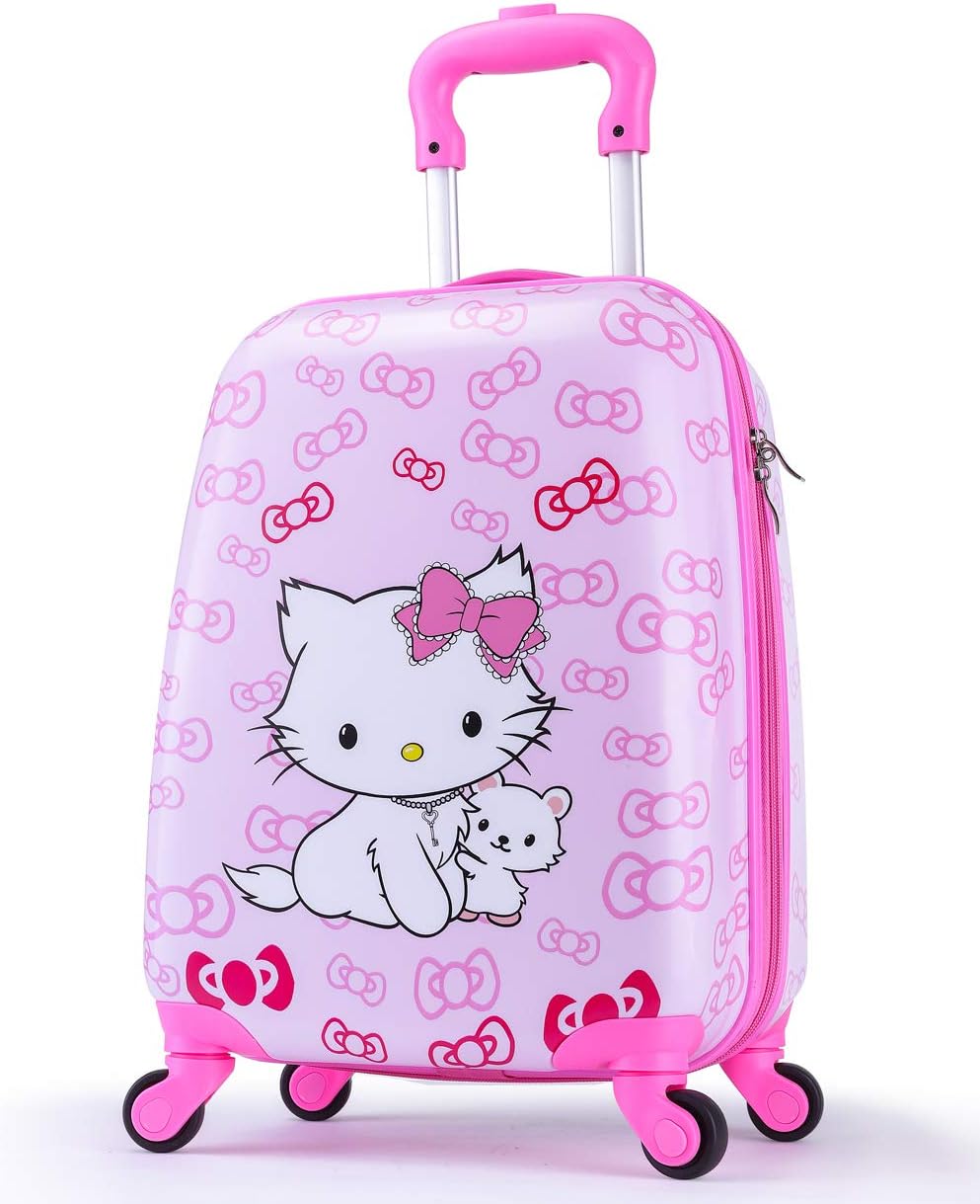Upgrade Kids Luggage for Girls, Toddler Travel Suitcase, 4-Spinner Wheels, Superior ABS+PC, Hardshell, Carry On Trolley (Cute Bowknot Cat/ Pink)