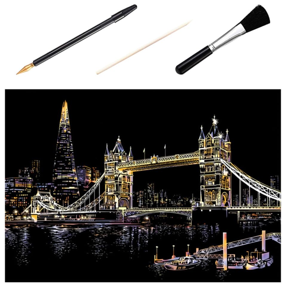 Alasum Kit de Manualidades Papel para Rascar y Dibujar, Imagen de Ciudad Nocturna en Papel Negro, Adecuado para Jardín de Infancia y Escuela Primaria