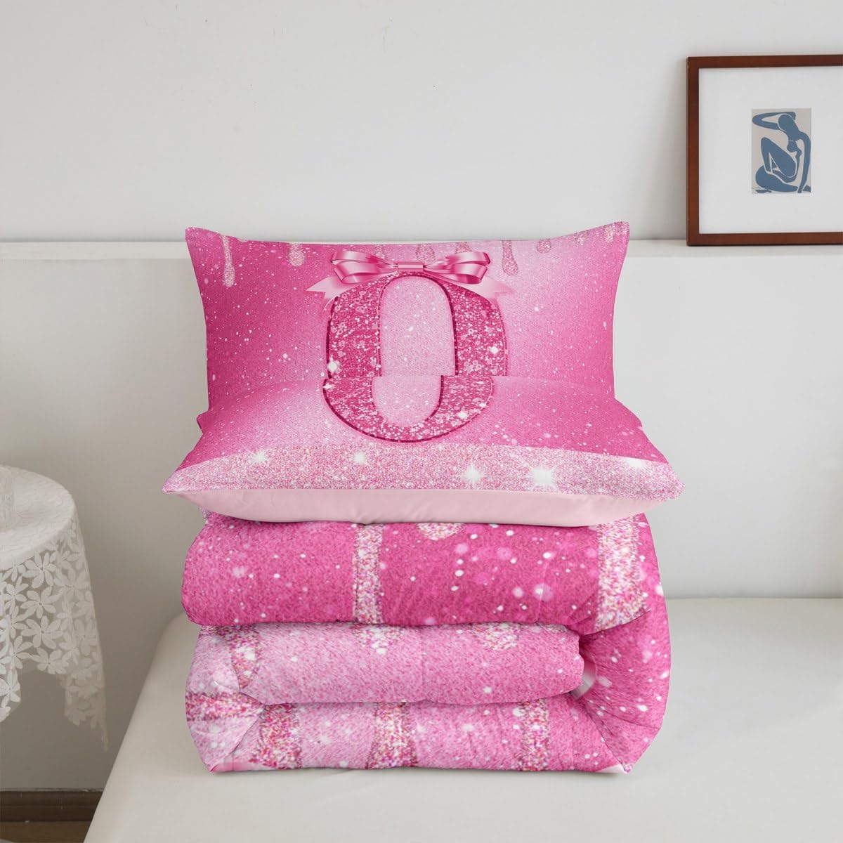 jejeloiu Pink Glitter Bow Comforter Set Twin Size Coquette Bowknot Birthday Month Bedding Set for Boys Girls Cute Themed Duvet Quilt Personalized Number 0 Anniversary Decor 2 Pcs with 1 Pillow Cases
