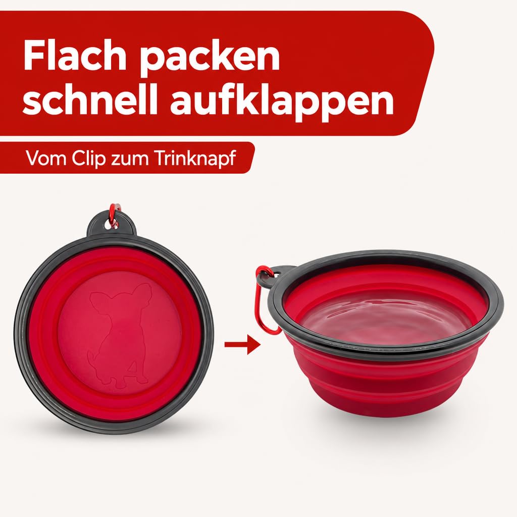 Contenitore per cani da viaggio, con 2 camere separate per acqua e cibo secco e ciotola pieghevole in silicone, 800 ml, portatile (rosso)