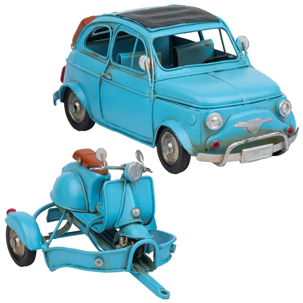 WANDERLUST DECO Coche de remolque con Moto de Metal Azul 34x10x10.5