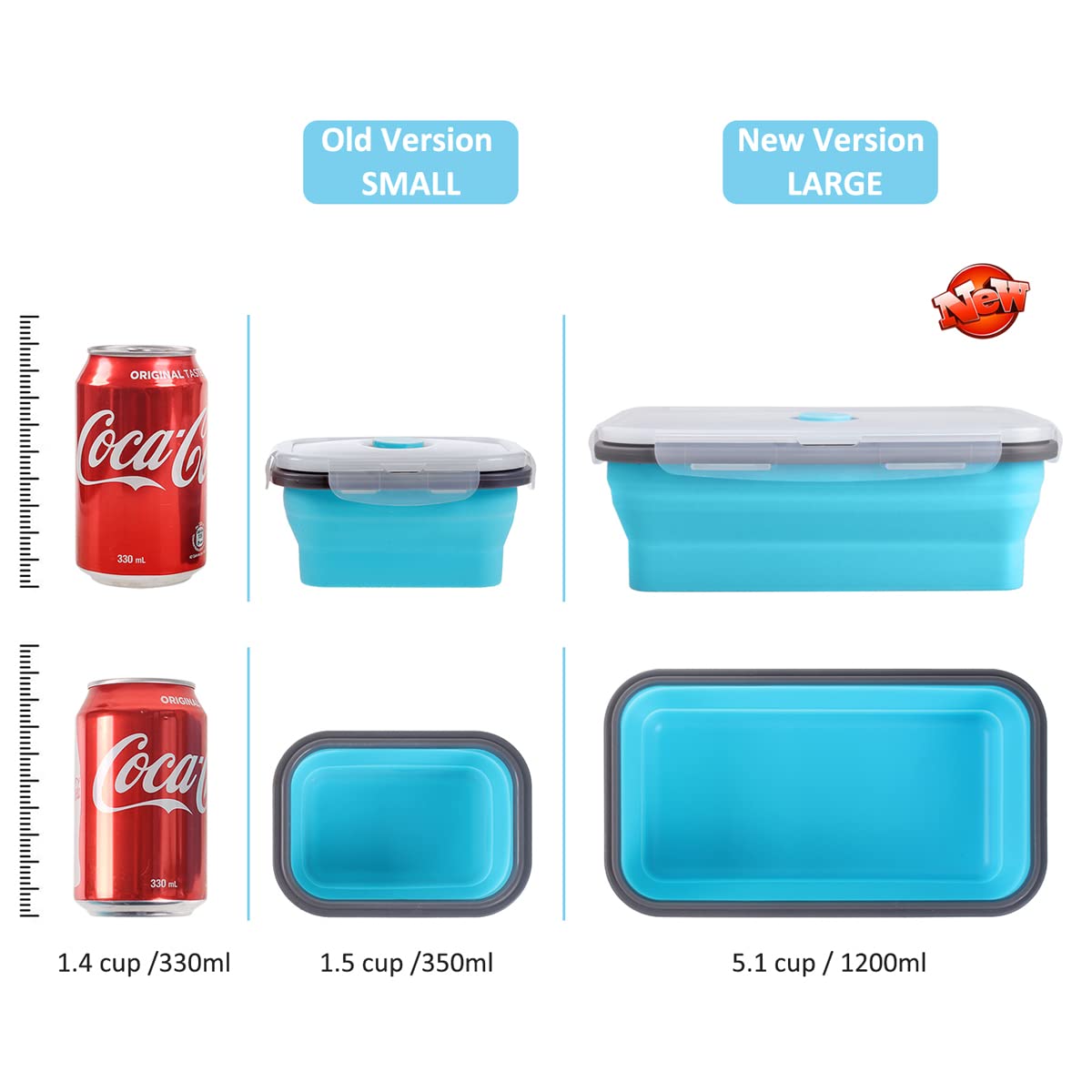 Faltbare Frischhaltedosen mit luftdichtem Deckel und Lüftungsschlitz, 1,2 l, stapelbar, Silikon, zusammenklappbar, für Reste, mikrowellen, gefriergeeignet, spülmaschinenfest, blau, 4er-Set