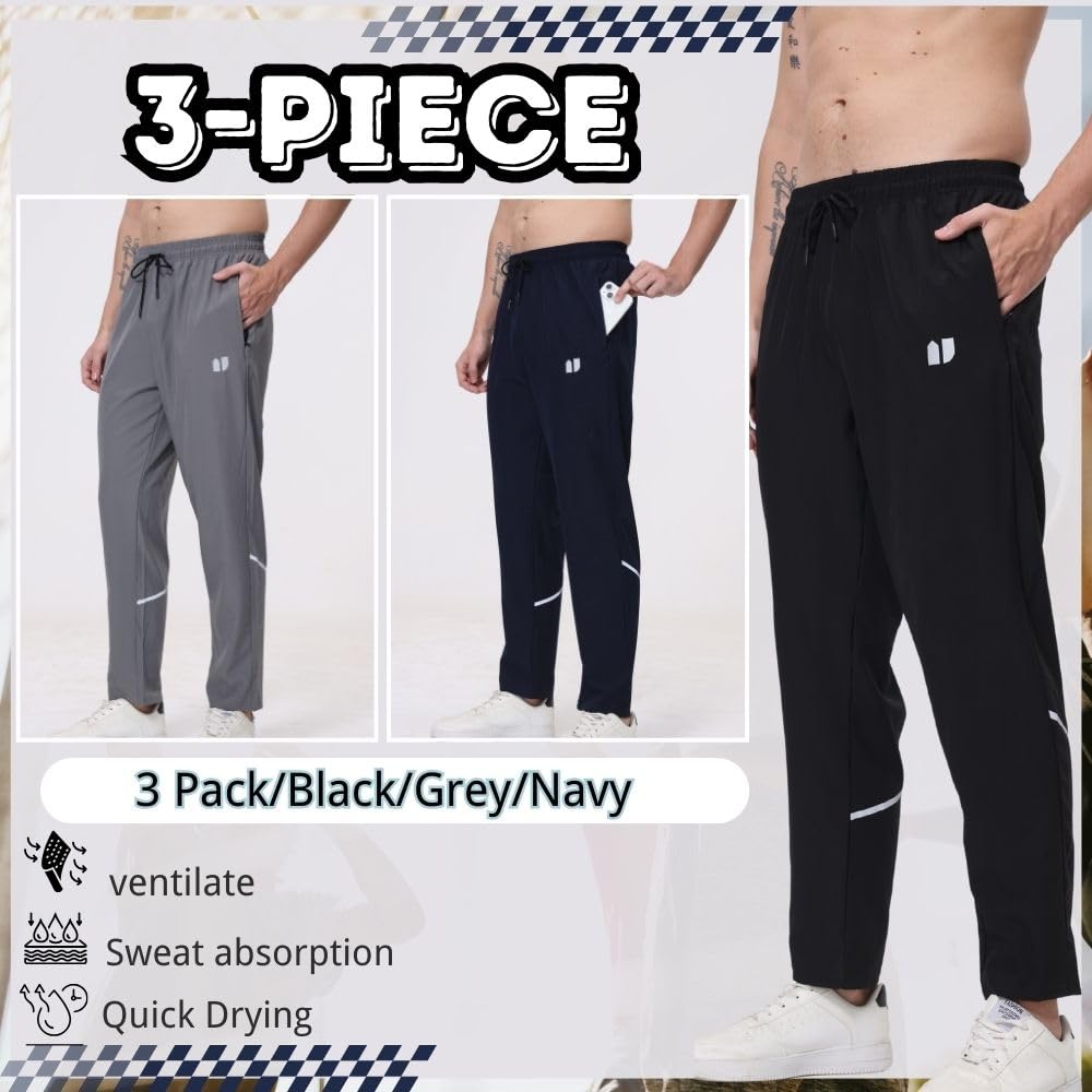 Hpbygstae Pantaloni sportivi da uomo, tasche elasticizzate con cerniera, per jogging e corsa, confezione da 3