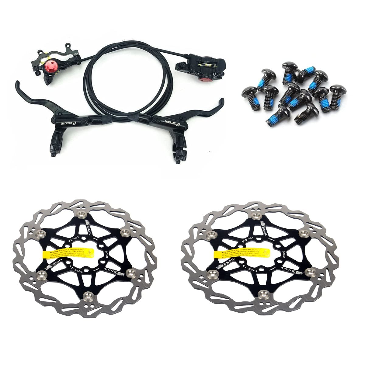 Zoom - Set di freni a disco idraulici per mountain bike MTB, anteriore e posteriore, con rotore a disco flottante da 160 mm e bulloni colorati (nero)