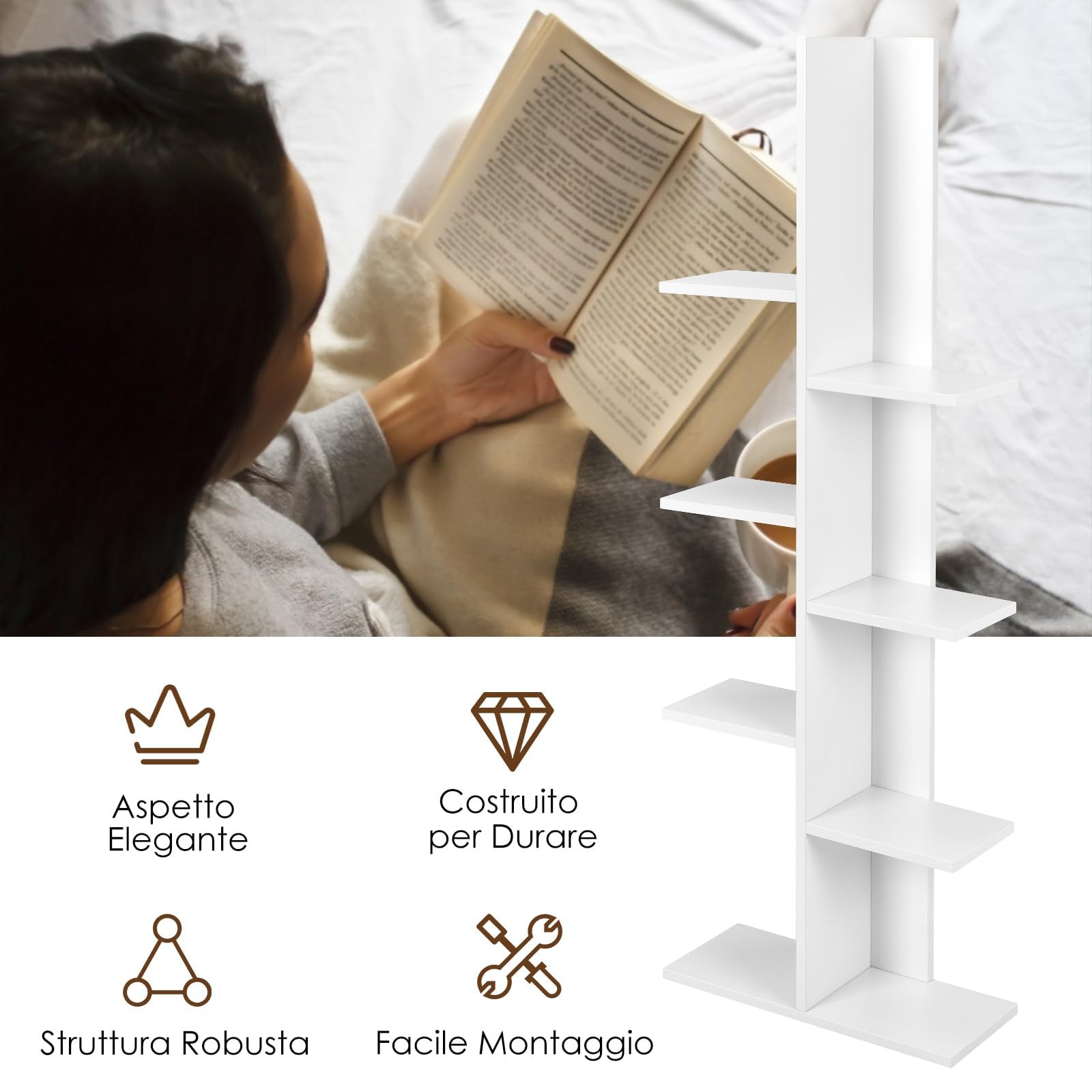 COSTWAY Scaffale in Legno per Libri, 6 Livelli, Libreria da Terra multiuso per Soggirno Ufficio Balcone, Ideale per per Soggirno Ufficio Balcone, 50 x 20 x 141 cm (Bianco)