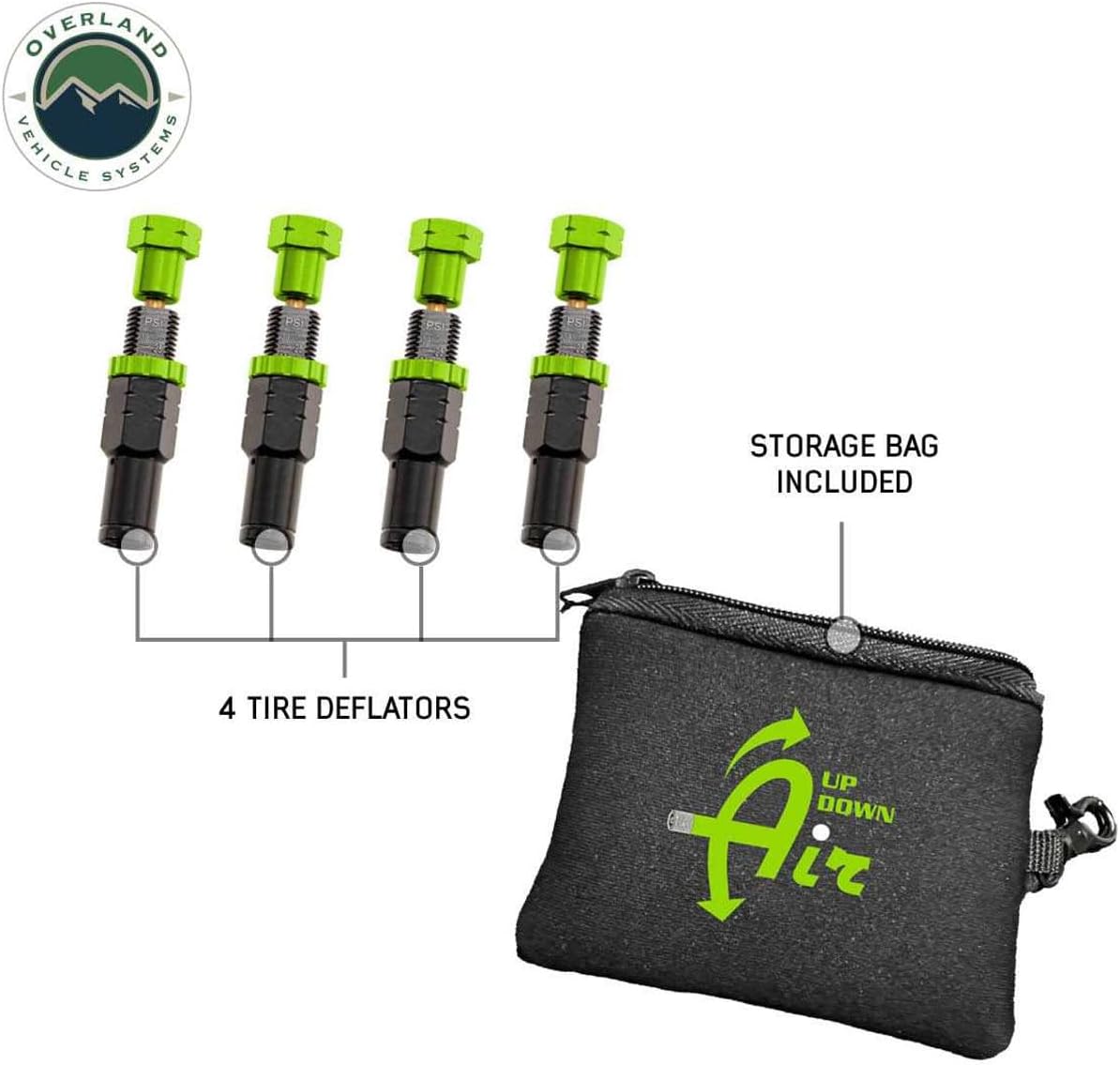Overland Vehicle Systems 4 Piece Adjustable Tire Deflator Kit & Storage Bag - (PSI 10-30 Lbs.) - Quick, Precise Air Down - Trucks, Cars, SUV, RV's, UTV's