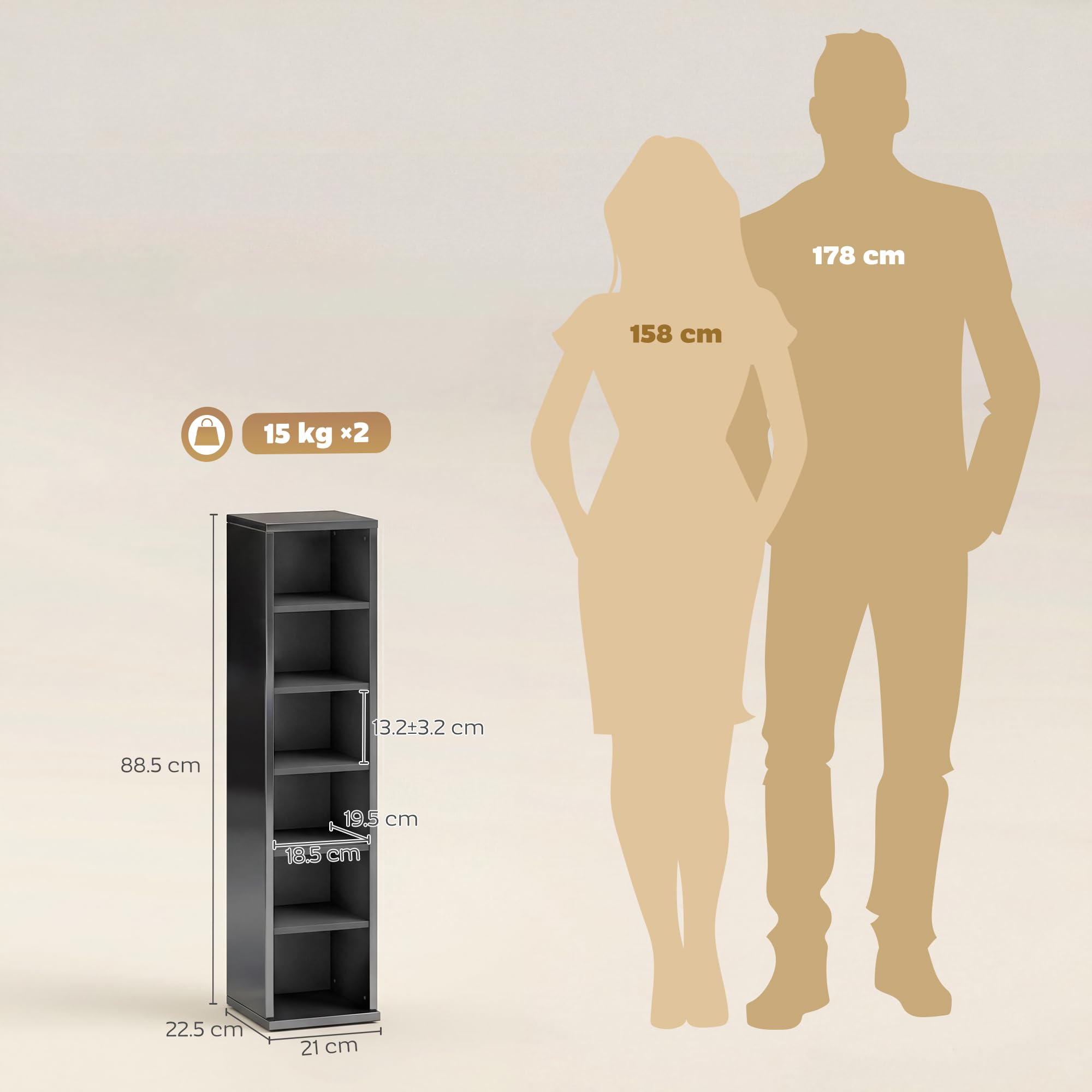 HOMCOM Set di 2 scaffali per CD Media Display 204 Blu-Ray Tower Rack w/ripiani regolabili libreria organizer portaoggetti, nero lucido