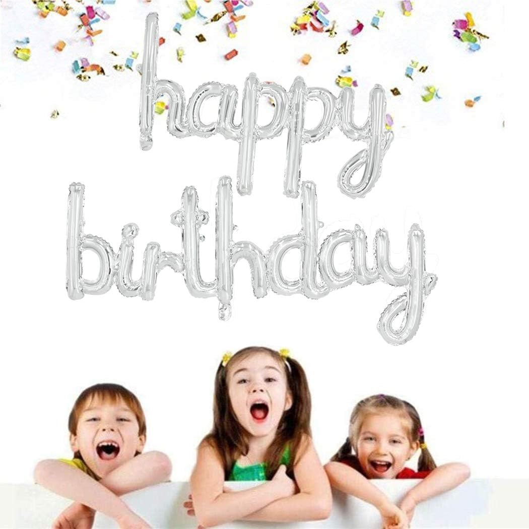 BEISHIDA Silver Happy Birthday Balloon Banner 16 Inch Foil Mylar Birthday Letter Balloon Sign Hand Write Happy Birthday Balloons for Birthday Party Decorations Supplies