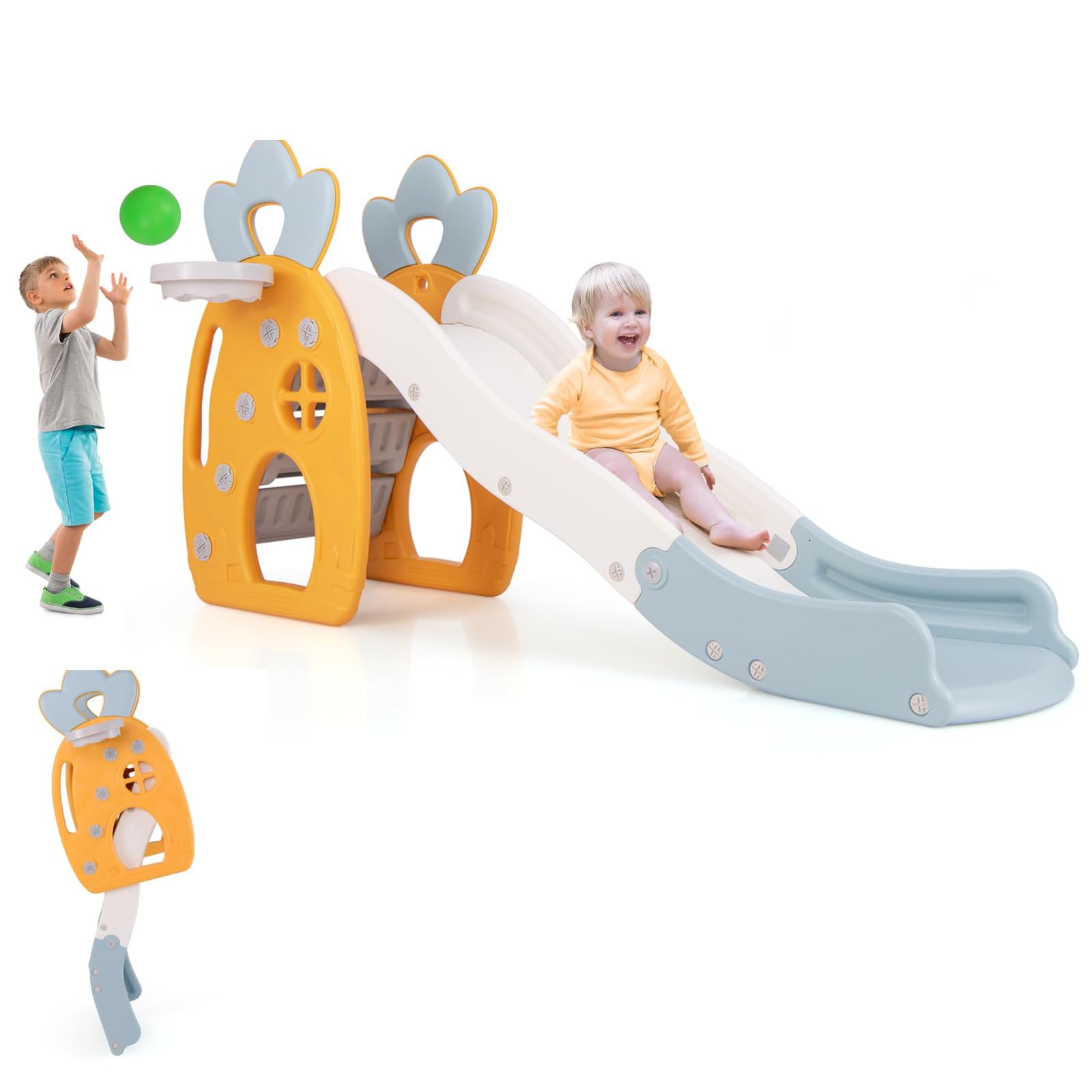 Maxmass 3 in 1 Kids Slide, Foldable Children Slide with Basketball Hoop, Toddler First Slide Indoor Play Equipment for 3+ Years Old Boys Girls