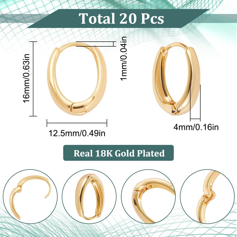 SUNNYCLUE 1 Box 20Pcs Real 18K Gold Plated Brass Huggie Hoop Earrings Oval Earring Hooks Bulk Metal Round Ring Tiny Cartilage Hook Hoops with Latch Back Closure for Jewelry Making DIY Crafts Supplies - Image 2