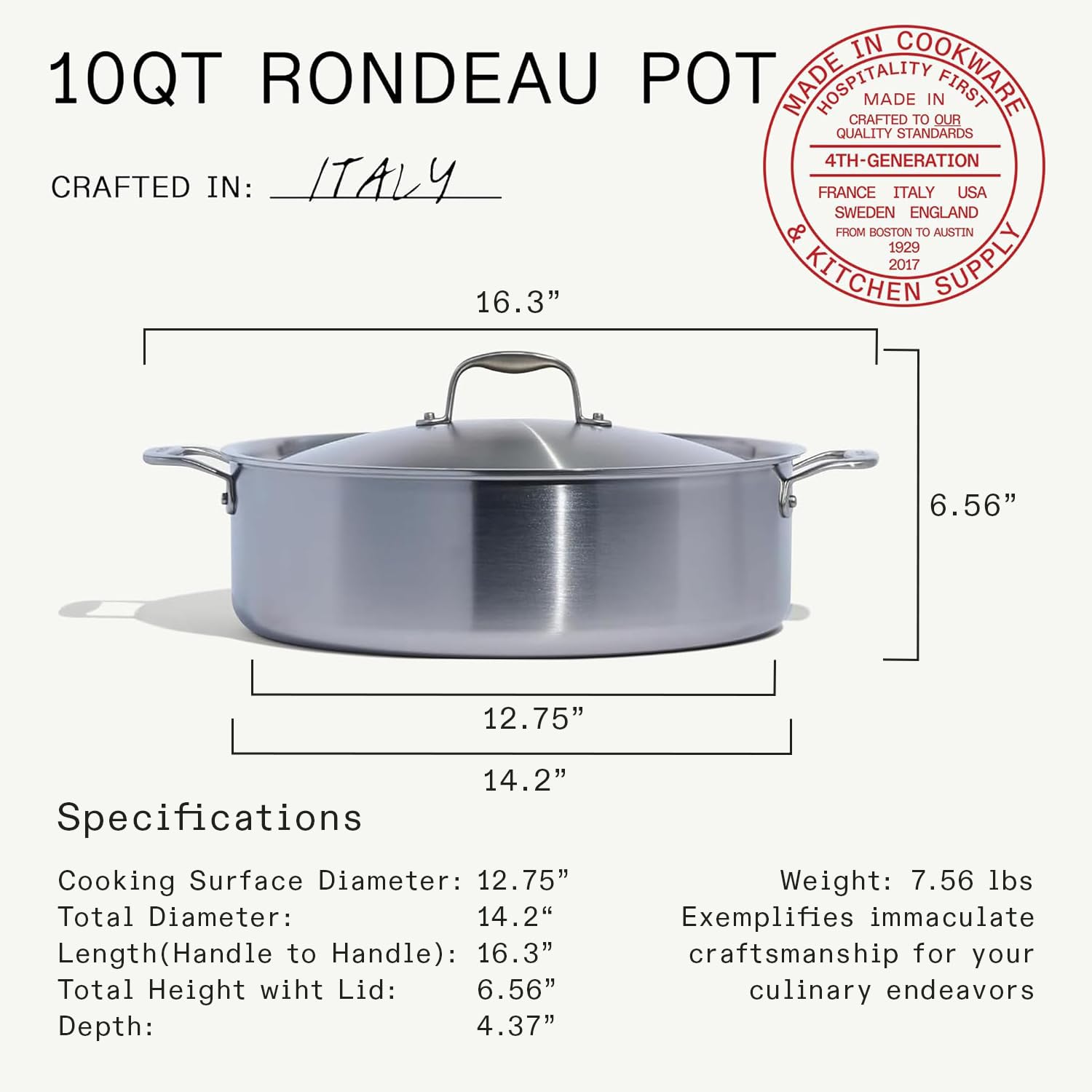 Made In Cookware - Pentola Rondeau in Acciaio Inossidabile da 10 Quarti con Coperchio - Prodotto in Italia - Rivestimento Inossidabile a 5 Strati - Pentole Professionali - Compatibile con Induzione