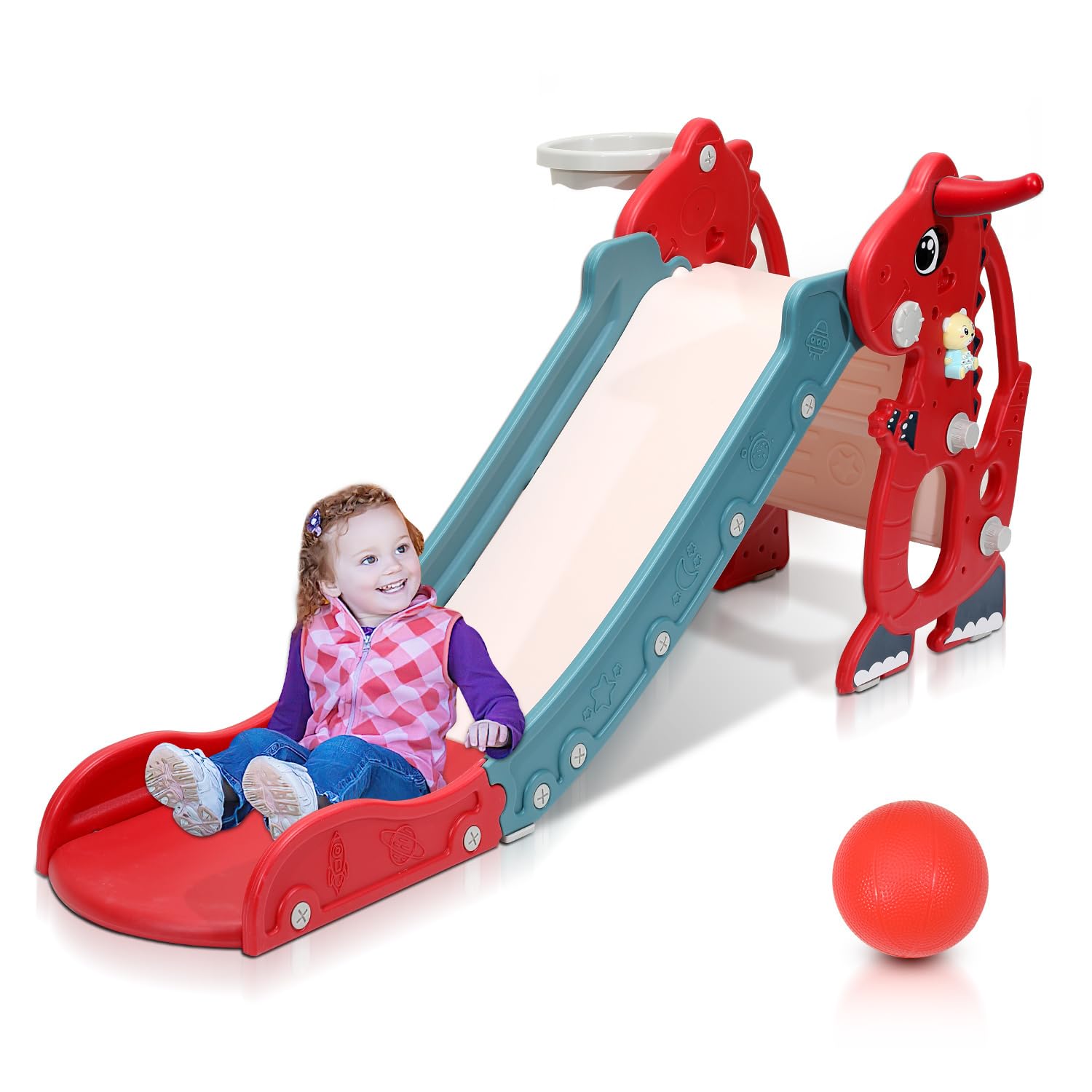4-in-1 Kinderrutsche Faltbar, Kinder Fun-Slide mit Basketballkorb, Rutsche ab 1 Jahr, Indoor & Outdoor Rutschbahn, Baby Rutsche Gartenrutsche -Rot