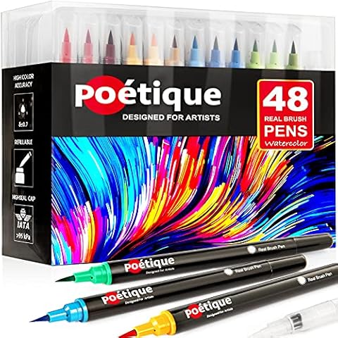 Poétique Refillable Watercolour Brush Pens 48 - Watercolour Markers with Flexible Brush Tips, High Pigment Count, Real Brush Pens for Artists Coloring, Painting, Drawing and Calligraphy Cover